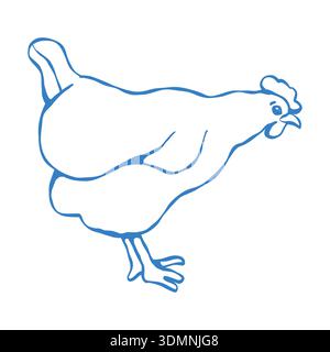 Pollo in stile contorno. Clipart blu isolato dal vettore. Pollo singolo, uccello, vista laterale. Illustrazione della linea di contorno, disegno semplice Illustrazione Vettoriale