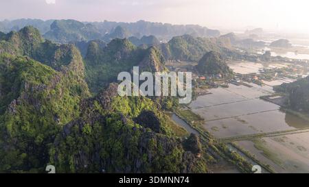 Vista aerea di picchi di calcare frastagliati, foreste di smeraldo e serene risaie si incontrano in una sinfonia di bellezza naturale, Ninh Nhật, Ninh Bình, Vietnam. Foto Stock