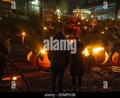 Persone che guardano una delle installazioni nel Fire Garden by Walk the Plank negli Union Terrace Gardens durante lo Spectra Festival of Light Aberdeen Foto Stock