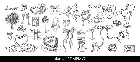 Scenografia pittoresca di San Valentino disegnata a mano in stile doodle coquette. Linea elementi femminili Cupido, cuori, fiocchi, nastri, torta, cocktail, ciliegie. Romanticismo vintage giocosa elegante linea art Illustrazione Vettoriale