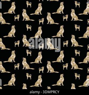 Motivo a forma di cane Golden retriever su sfondo nero. Simpatici cuccioli seduti illustrazione vettoriale per tessuti, carta da parati e decorazioni per animali domestici Illustrazione Vettoriale