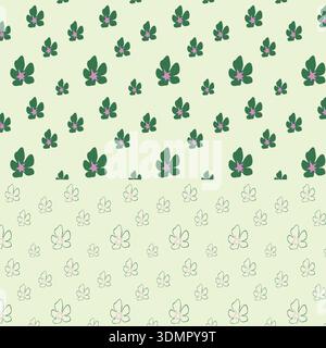 Doppio motivo floreale senza cuciture con fiori verdi colorati e contornati su sfondo pastello. Illustrazione con vettore botanico minimalista per un'elegante spri Illustrazione Vettoriale