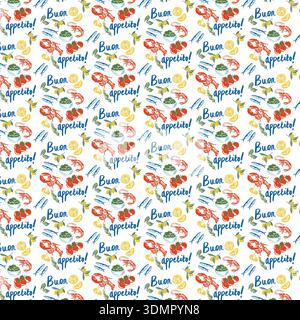 Cucina italiana senza cuciture con testo "buon appetito", frutti di mare, aragosta, pasta, pomodori, ed erbe su sfondo bianco. Mediterraneo disegnato a mano Illustrazione Vettoriale