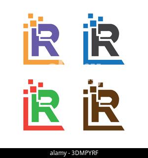 Arrotondamento lettera R, pixel digitale, vettore disegno logo freccia Illustrazione Vettoriale