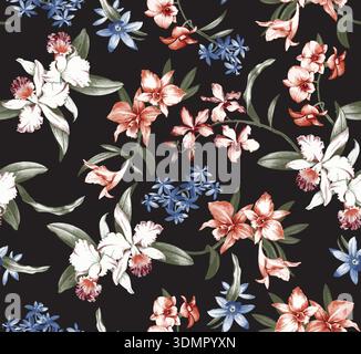 Motivo floreale senza cuciture con fiori pastello vintage su sfondo nero. Elegante illustrazione vettoriale botanica con gigli e fiori tropicali Illustrazione Vettoriale