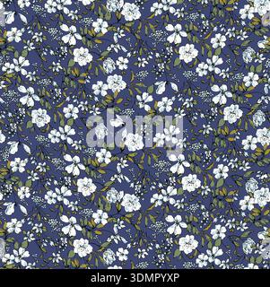 Motivo floreale vintage senza cuciture con fiori bianchi e foglie verdi su sfondo blu scuro. Elegante illustrazione vettoriale botanica per un tocco romantico Illustrazione Vettoriale