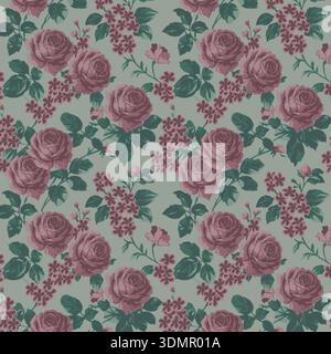 Motivo floreale senza cuciture con rose rosa e viola su sfondo azzurro. Elegante illustrazione vettoriale botanica vintage per una carta da parati romantica Illustrazione Vettoriale