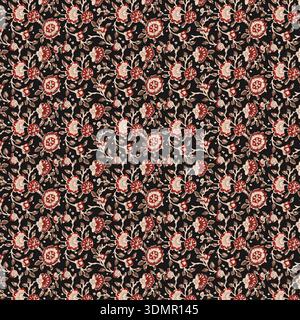 Motivo floreale vintage senza cuciture, fiori ornamentali rossi e beige su sfondo nero, texture botanica antica tradizionale, illustrazione vettoriale Illustrazione Vettoriale