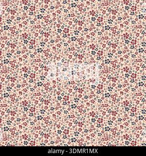 Fantasia floreale senza cuciture con minuscoli fiori selvatici blu navy, rosso e oro disegnati a mano su uno sfondo bianco pulito per un design botanico vintage. Illustrazione Vettoriale