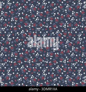 Fantasia floreale senza cuciture con piccoli fiori bianchi e rossi su sfondo blu navy scuro, con delicati motivi botanici per un design vintage Illustrazione Vettoriale