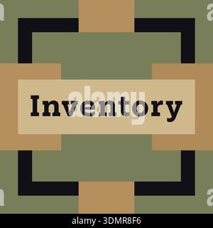 Etichetta con cornice geometrica con testo dell'inventario centrato su uno sfondo verde e marrone chiaro Illustrazione Vettoriale
