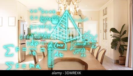 Ologramma ciano sospeso che proietta diagrammi matematici sopra un lungo tavolo da pranzo in legno, lampadario Foto Stock
