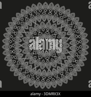 Intricato Mandala bianco. Vettore sfondo nero. Simbolo del pizzo simmetrico. Layout di meshwork circolare complesso. EPS 10. Illustrazione Vettoriale