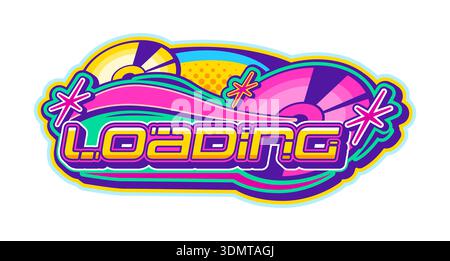 Computer che carica l'icona o il simbolo Y2K retro. Simbolo vettoriale Y2K retro computer, emblema funky con tecnologia digitale anni '2000. Icona del software anni '1990 con CD compact disk e tipografia futuristica retrò Illustrazione Vettoriale