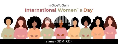 Un gruppo eterogeneo di donne che si tengono per mano in solidarietà per la giornata internazionale della donna, con l'hashtag GiveToGain prominentemente Disp Illustrazione Vettoriale