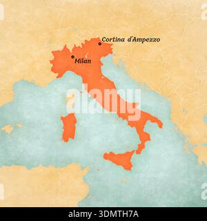 Milano e Cortina d'Ampezzo sulla mappa dell'Italia in morbido grunge e stile vintage, come la carta vecchia con pittura ad acquerello. Olimpiadi invernali 2026. Foto Stock