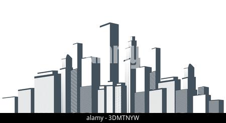 Sagoma del grattacielo in città con moderni edifici alti - illustrazione dello skyline urbano con grattacieli in tonalità grigie contro il bianco brillante Illustrazione Vettoriale