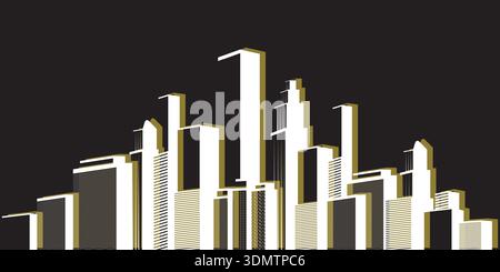 Sagoma del grattacielo in città con moderni edifici alti - illustrazione dello skyline urbano con grattacieli in tonalità grigie contro il nero scuro SK Illustrazione Vettoriale