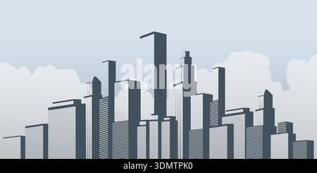 Sagoma del grattacielo in città con moderni alti edifici - illustrazione dello skyline urbano con grattacieli in tonalità grigie contro il blu pallido Illustrazione Vettoriale