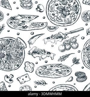 Pizza italiana e ingredienti senza cuciture. Illustrazione del cibo disegnata a mano dal vettore. Design per menu pizzeria, stampa, pacchetto da asporto, wrappin Illustrazione Vettoriale