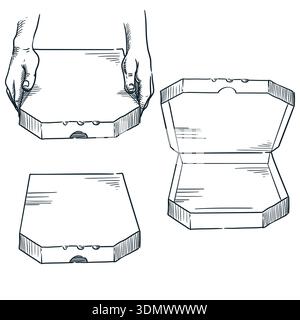 Pizze italiane in mano, chiuse e aperte. Set di confezioni da asporto. Concetto di servizio di consegna cibo. Illustrazione di disegno vettoriale del pasto Illustrazione Vettoriale