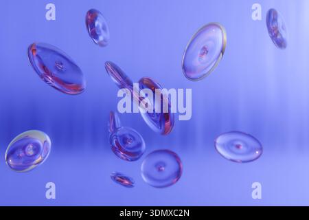 I dischi trasparenti galleggiano in uno spazio blu, creando un effetto visivo surreale e astratto. rendering 3d. Foto Stock