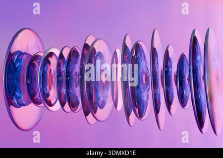 Dischi in vetro trasparente che galleggiano in fila su uno sfondo sfumato viola e rosa. rendering 3d. Foto Stock