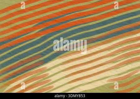 Immagine astratta che mostra linee ondulate in tonalità terrose, con sfumature di arancione, verde e blu. Le curve lisce creano un senso di movimento e Foto Stock