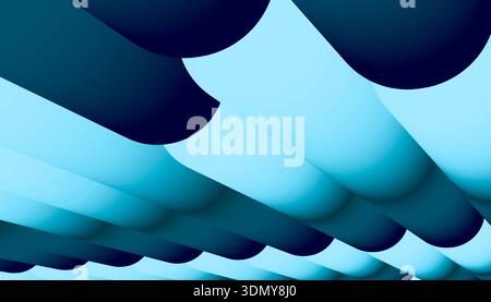 Un disegno astratto 3D che colpisce visivamente, caratterizzato da forme cilindriche in sfumature di blu e nero. Questo design moderno funge da accattivante backgroun Foto Stock