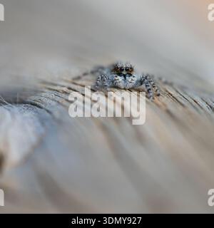 Un'immagine ravvicinata cattura un Menemerus semilimbatus, noto anche come il ragno che salta, appollaiato su una superficie in legno testurizzato, evidenziandone i dettagli Foto Stock