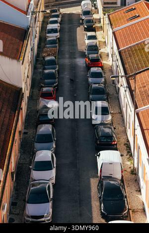 Vista aerea di una stretta strada urbana con auto parcheggiate su entrambi i lati, sullo sfondo di tetti rossi e bianchi testurizzati. Un gatto solitario attraversa Foto Stock