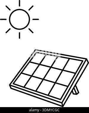 Illustrazione grafica del pannello solare e della linea delle icone del sole. Tratto modificabile. Illustrazione Vettoriale