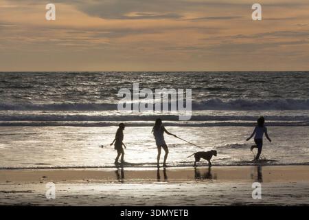 Una famiglia ama passeggiare tranquillamente con il proprio cane lungo la spiaggia al tramonto. Foto Stock