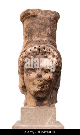 Antica scultura cariatidea greca del Tesoro Siphniano, Delfi, Grecia Foto Stock