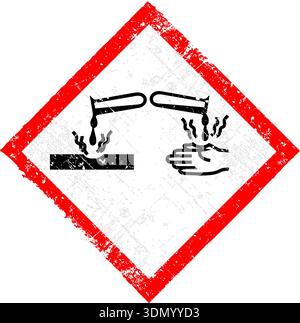 Pittogramma di pericolo corrosivo GHS05. Cartello di avvertimento rosso con rombo grunge e effetto angosciato. Illustrazione vettoriale con gocciolamento di acido a portata di mano e. Illustrazione Vettoriale