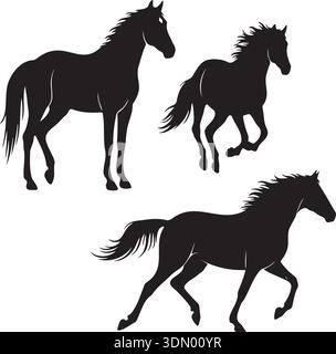 Sagome nere dei cavalli, cavalli da corsa, icone vettoriali equini, a scopo illustrativo o di design Illustrazione Vettoriale