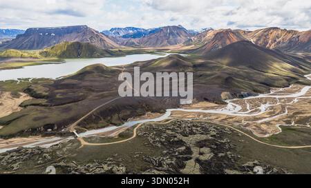 Veduta aerea di Landmannalaugar, Islanda, caratterizzata da montagne riolite colorate, un fiume intrecciato, un lago tranquillo e lontane macchie di neve. Foto Stock