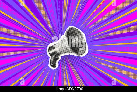 Adesivo Pop Art megafono con bordi di carta ruvida tagliati a mano, texture mezzitoni su sfondo Vibrant Purple Radial Burst. Audace design per annuncio in stile fumetto con energia e impatto. Illustrazione vettoriale Illustrazione Vettoriale