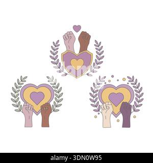 Ha potenziato i concetti di unità e giustizia sociale con diversi pugni e emblemi del cuore Illustrazione Vettoriale