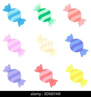 Un'affascinante collezione di nove caramelle color pastello con involucri a righe. Perfetto per il branding di negozi dolci, inviti per feste per bambini, adesivi, ecc. Illustrazione Vettoriale