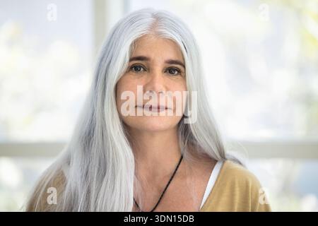 Ritratto ravvicinato di una donna di mezza età con lunghi capelli grigi Foto Stock