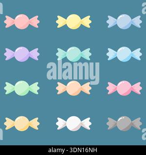 Una collezione di 12 caramelle pastello lucide in vari colori. Ideale per il branding di negozi dolci, inviti per bambini, adesivi decorativi e allegri Illustrazione Vettoriale