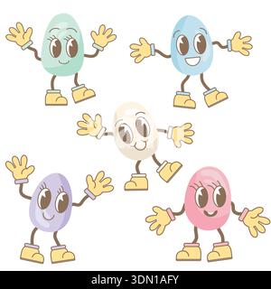 Una raccolta di uova di Pasqua con varie espressioni facciali, movimenti del braccio e delle gambe. Illustrazione vettoriale con uova di emoji. Adatto a tema pasquale Illustrazione Vettoriale