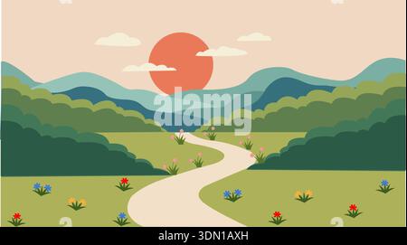 Paesaggio stilizzato con sentiero tortuoso, colline Illustrazione Vettoriale