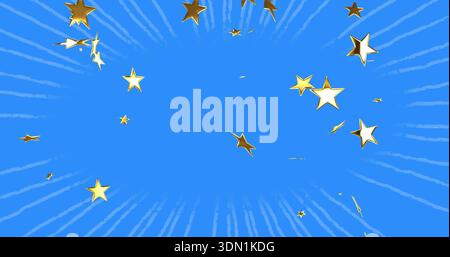 Scintillante ammasso di stelle dorate a cinque punte e bianche che riempiono il centro su una raffica radiale blu, coriandoli Foto Stock