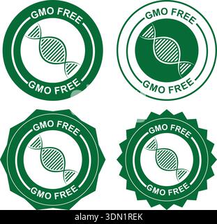 Badge di certificazione privi di OGM con set di simboli DNA Illustrazione Vettoriale