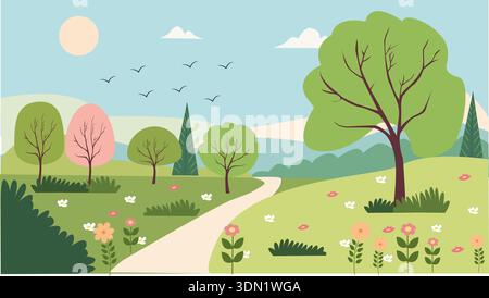 Paesaggio di sorgenti vettoriali con un percorso tortuoso Illustrazione Vettoriale