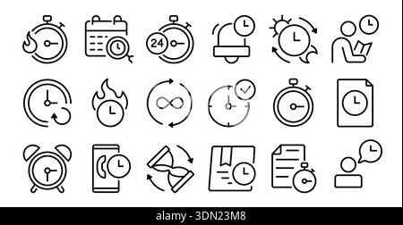 Icone dell'ora e della linea dell'orologio. Cronometro, calendario e allarme per pianificazione, scadenza urgente e flusso di lavoro o controllo della produttività. Simboli lineari Illustrazione Vettoriale