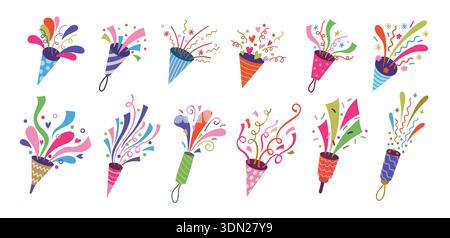 Poppers e coriandoli da festa. Raffiche colorate e nastri a serpentina, coni a strisce per feste, inviti per eventi festivi e. Illustrazione Vettoriale
