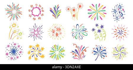 Fuochi d'artificio esplodono. Stelle scintillanti ed esplosioni colorate per eventi celebrativi, biglietti d'invito e decorazioni per feste. Disegnato a mano Illustrazione Vettoriale